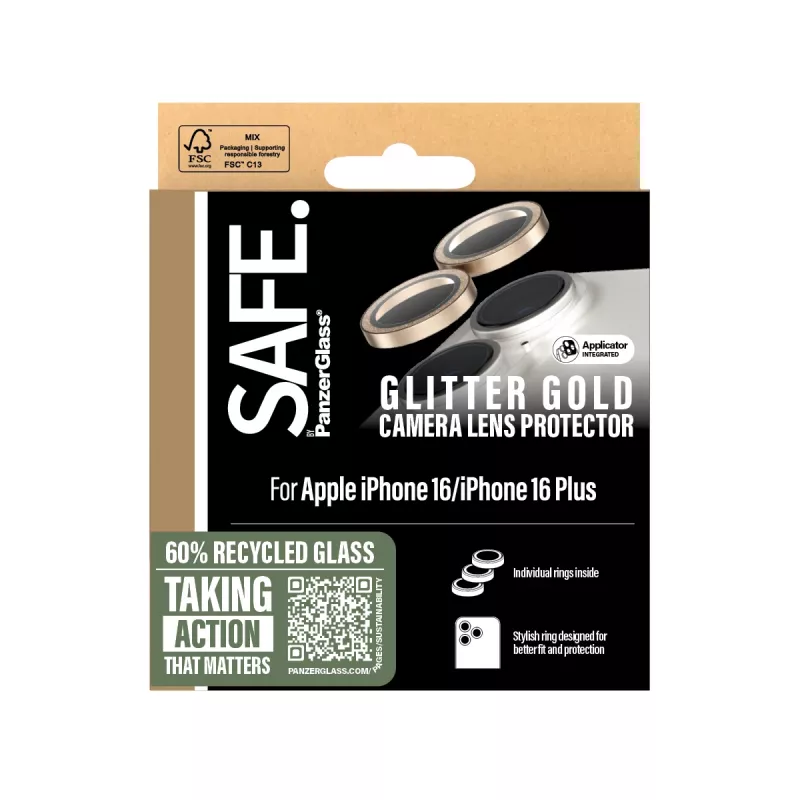PanzerGlass SAFE. by ® proteção de objetiva de câmara Glitter Gold iPhone 16 | 16 Plus