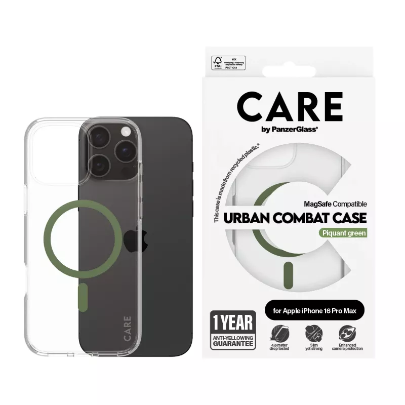 PanzerGlass CARE™ by ® Urban Combat capa transparente com MagSafe verde para iPhone 16 Pro Max
