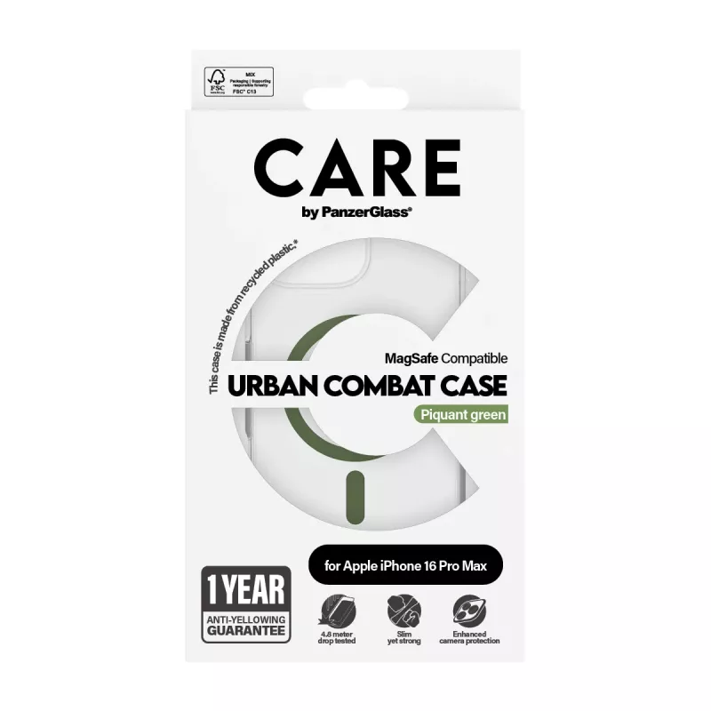 PanzerGlass CARE™ by ® Urban Combat capa transparente com MagSafe verde para iPhone 16 Pro Max