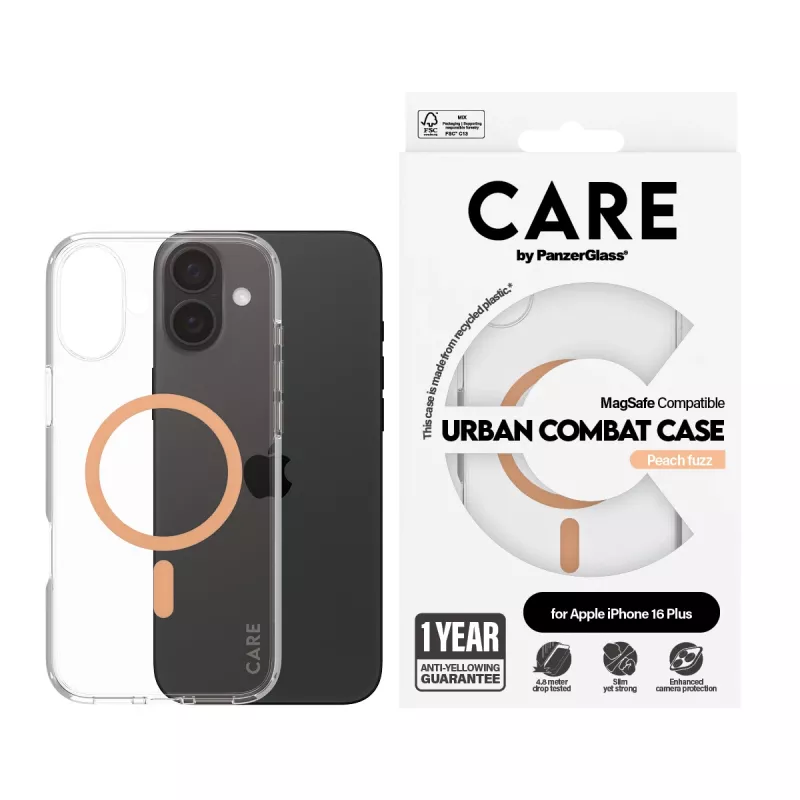 PanzerGlass CARE™ by ® Urban Combat capa transparente com MagSafe Peachy iPhone 16 Plus