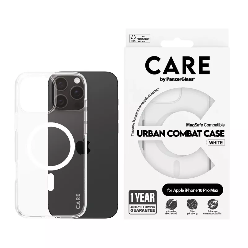 PanzerGlass CARE™ by ® Urban Combat capa transparente com MagSafe branco para iPhone 16 Pro Max