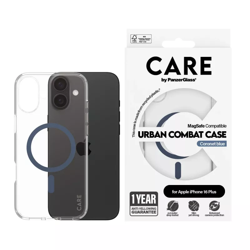 Capa PanzerGlass CARE™ by ® Urban Combat Transparente com MagSafe azul iPhone 16 Plus