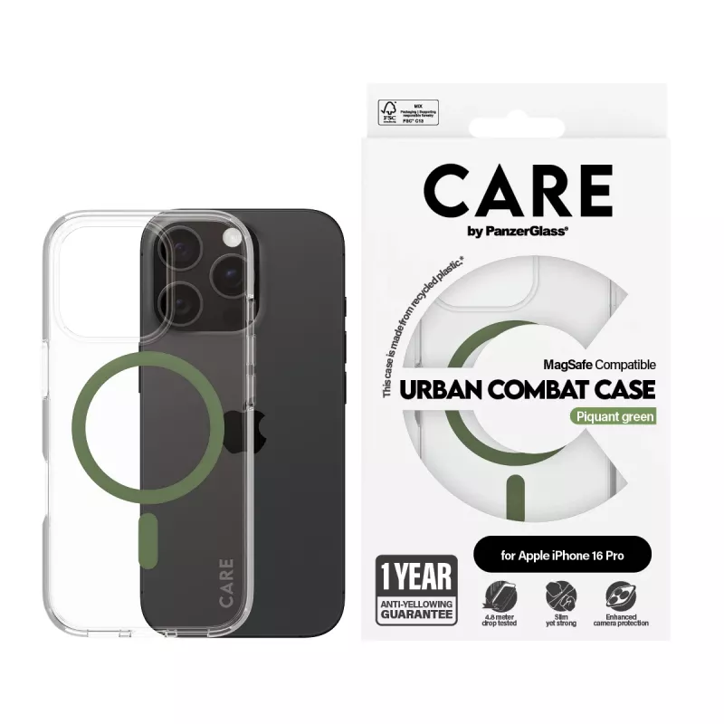 Capa PanzerGlass CARE™ by ® Urban Combat transparente com MagSafe verde iPhone 16 Pro