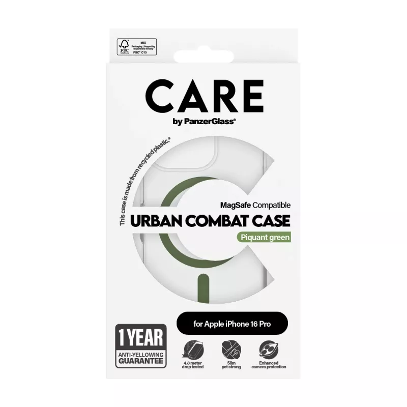 Capa PanzerGlass CARE™ by ® Urban Combat transparente com MagSafe verde iPhone 16 Pro