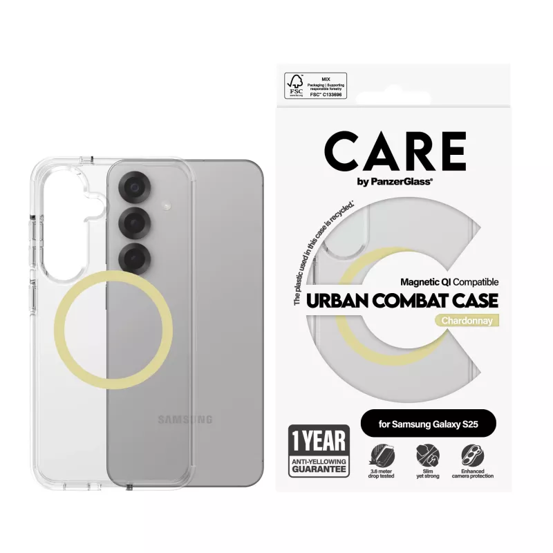 Capa PanzerGlass CARE™ by ® Urban Combat transparente com Chardonnay compatível com Qi Samsung Galaxy S25