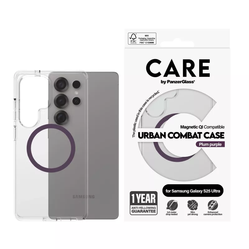 Capa PanzerGlass CARE™ by ® Urban Combat transparente com roxo ameixa compatível com Qi Samsung Galaxy S25 Ultra