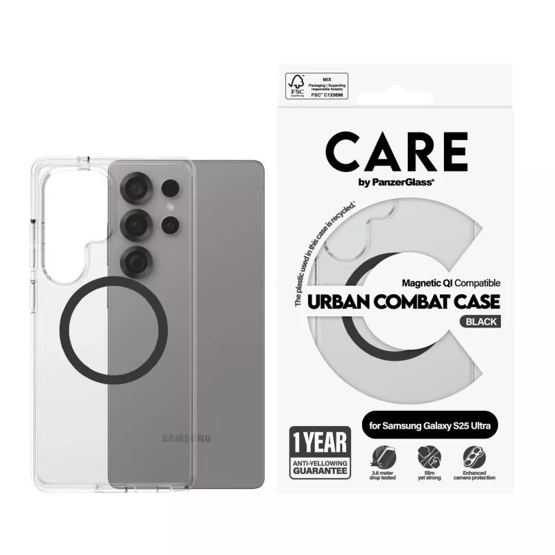 Capa PanzerGlass CARE™ by ® Urban Combat, transparente, com preto Qi, compatível, Samsung Galaxy S25 Ultra