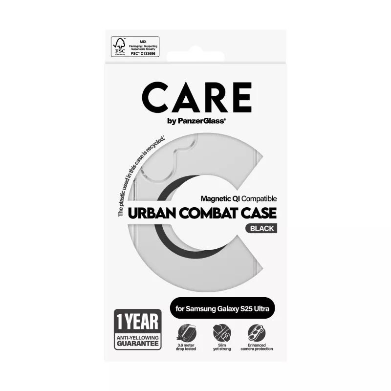 Capa PanzerGlass CARE™ by ® Urban Combat, transparente, com preto Qi, compatível, Samsung Galaxy S25 Ultra