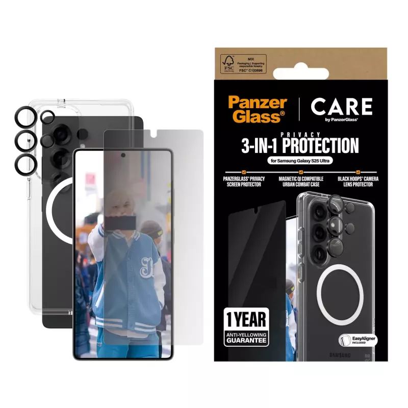 PanzerGlass CARE by ® Flagship 3-in-1 Bundle de privacidade Samsung Galaxy S25 Ultra resistente a riscos e a choques