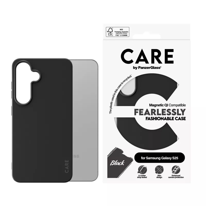 Capa PanzerGlass CARE™ by ® preta com compatibilidade Qi Samsung Galaxy S25