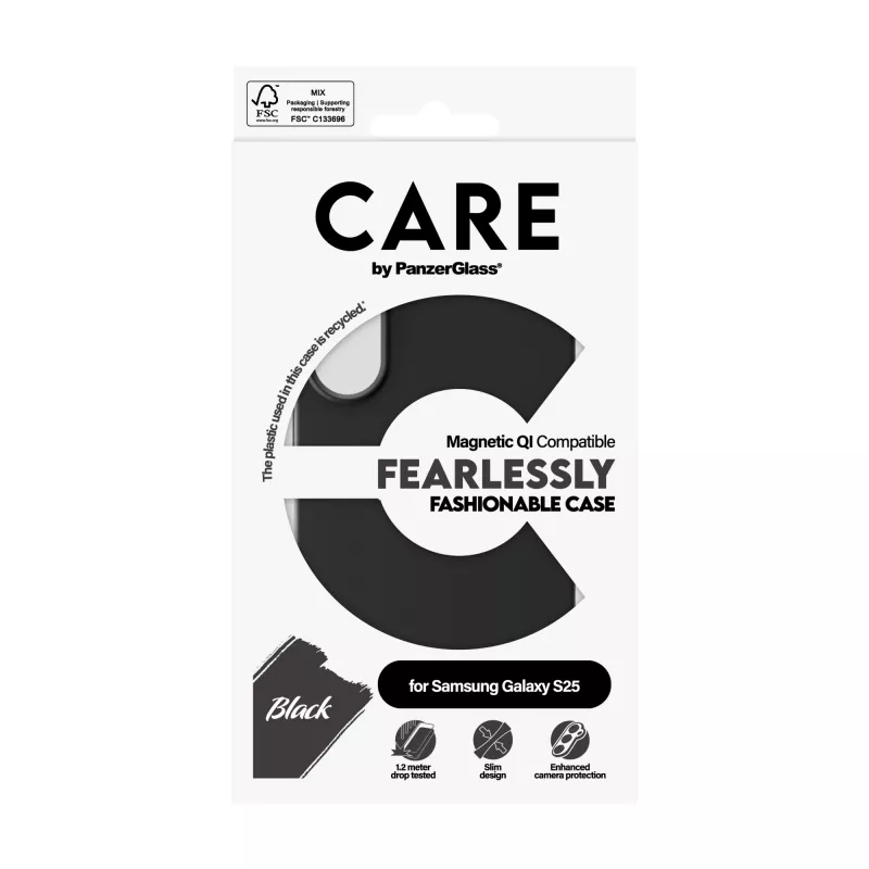 Capa PanzerGlass CARE™ by ® preta com compatibilidade Qi Samsung Galaxy S25