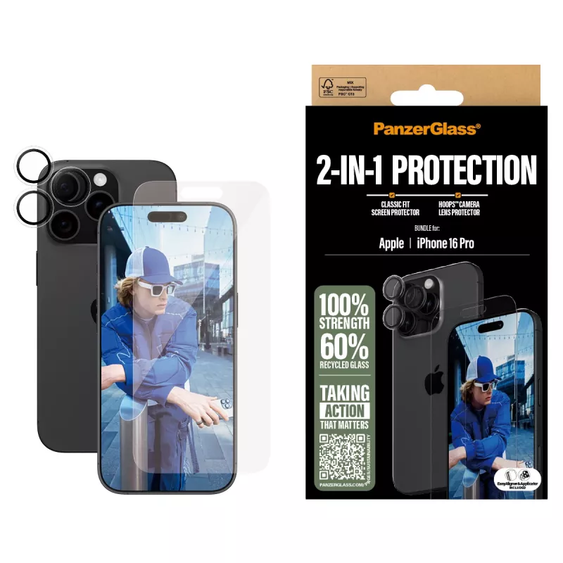 PanzerGlass® 2-in-1 Bundle iPhone 16 Pro, Apple, Apple - iPhone 16 Pro, aplicação a seco, resistente a riscos, resistente a choques, transparente, 1 unid.