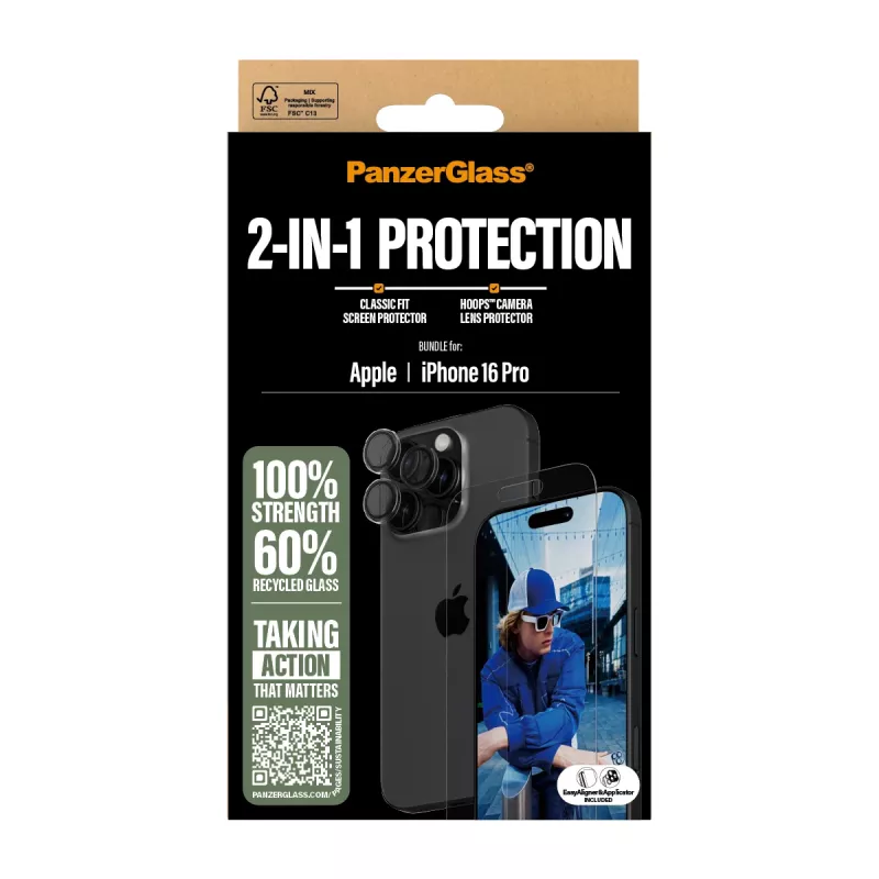 PanzerGlass® 2-in-1 Bundle iPhone 16 Pro, Apple, Apple - iPhone 16 Pro, aplicação a seco, resistente a riscos, resistente a choques, transparente, 1 unid.