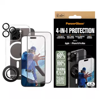 PanzerGlass ® 4-in-1 pacote de proteção iPhone 16 Pro Max, Apple, Apple - iPhone 16 Pro Max, aplicação a seco, resistente a riscos, resistente a choques, transparente, 1 unid.