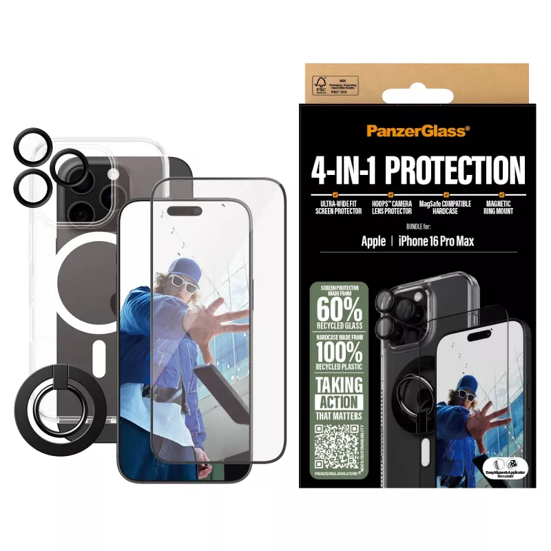 PanzerGlass ® 4-in-1 pacote de proteção iPhone 16 Pro Max, Apple, Apple - iPhone 16 Pro Max, aplicação a seco, resistente a riscos, resistente a choques, transparente, 1 unid.