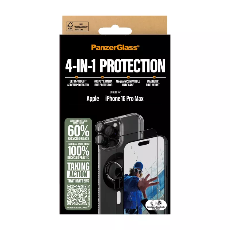 PanzerGlass ® 4-in-1 pacote de proteção iPhone 16 Pro Max, Apple, Apple - iPhone 16 Pro Max, aplicação a seco, resistente a riscos, resistente a choques, transparente, 1 unid.