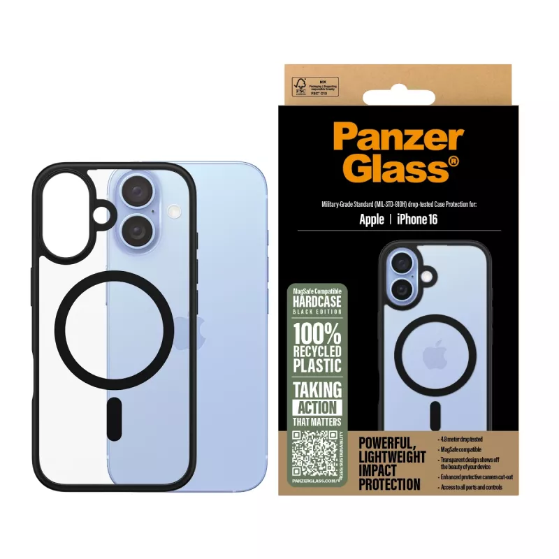 PanzerGlass ® HardCase transparente com moldura MagSafe preta para iPhone 16