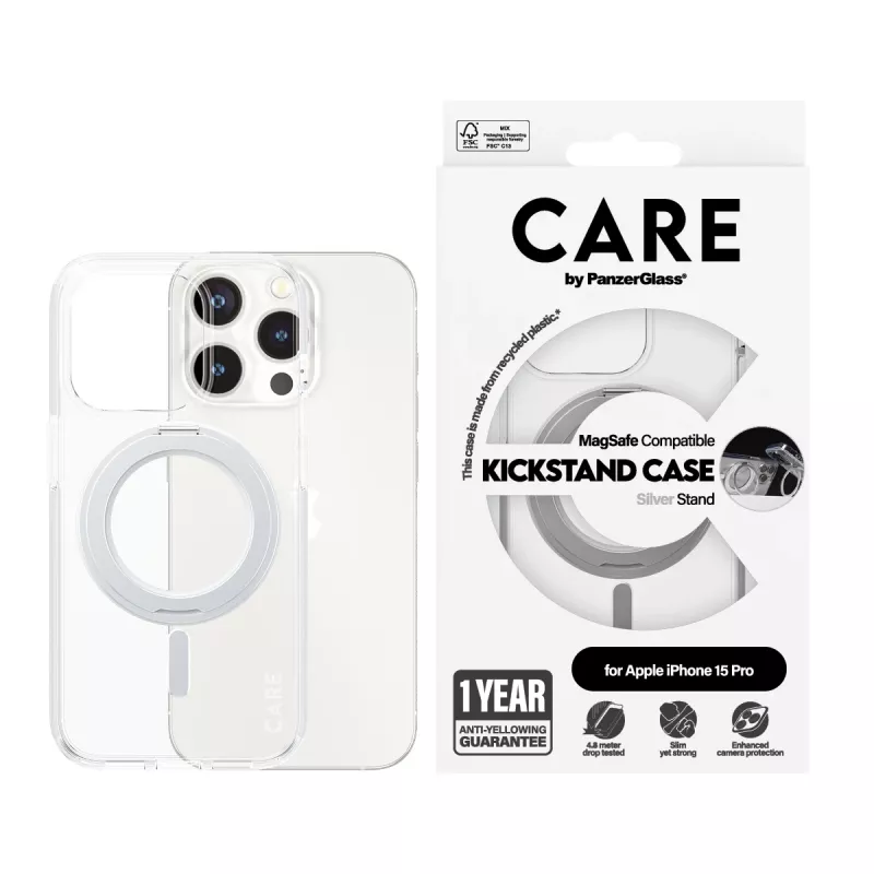 Capa PanzerGlass CARE™ by ® transparente com suporte prateado e MagSafe iPhone 15 Pro
