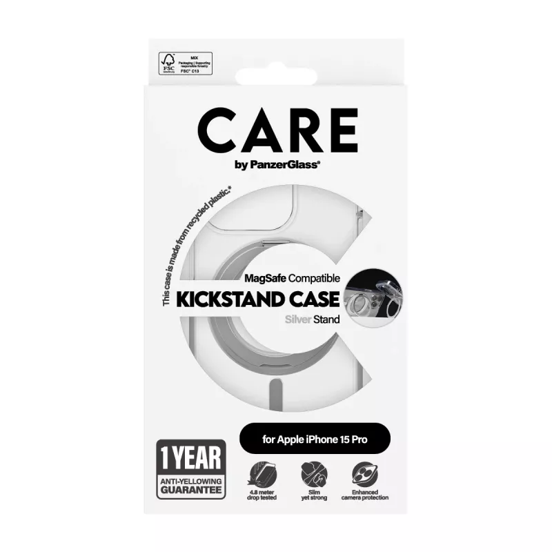 Capa PanzerGlass CARE™ by ® transparente com suporte prateado e MagSafe iPhone 15 Pro