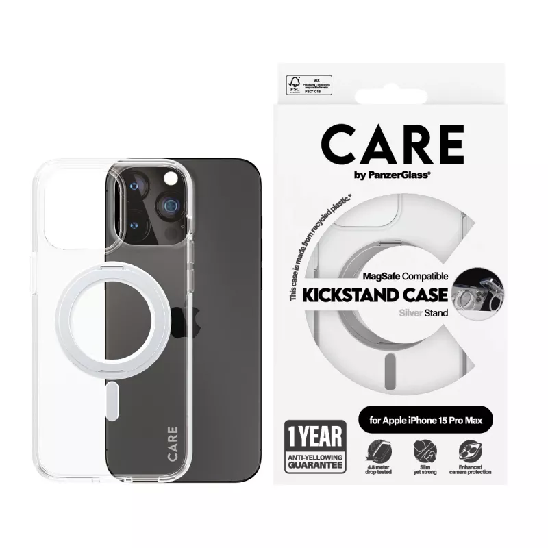 Capa PanzerGlass CARE™ by ® transparente com suporte prateado e MagSafe iPhone 15 Pro Max