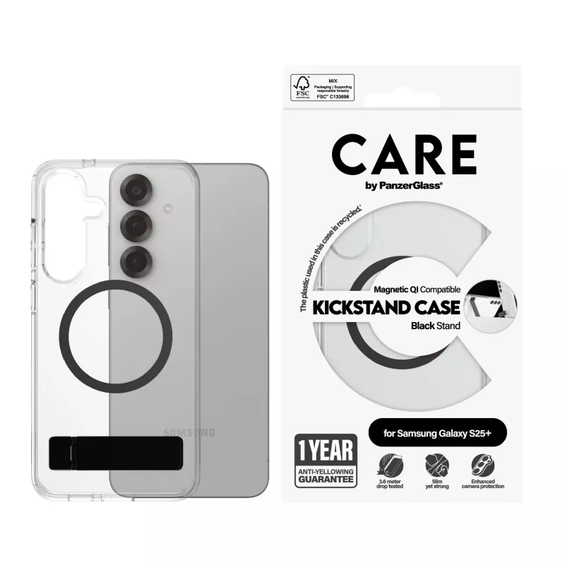 Capa PanzerGlass CARE™ by ® transparente com suporte preto e compatível com Qi Samsung Galaxy S25+