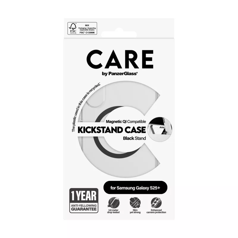 Capa PanzerGlass CARE™ by ® transparente com suporte preto e compatível com Qi Samsung Galaxy S25+