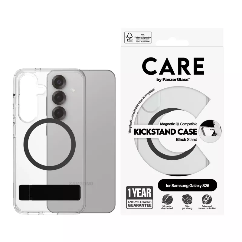 Capa PanzerGlass CARE™ by ® transparente com suporte preto e compatível com Qi Samsung Galaxy S25