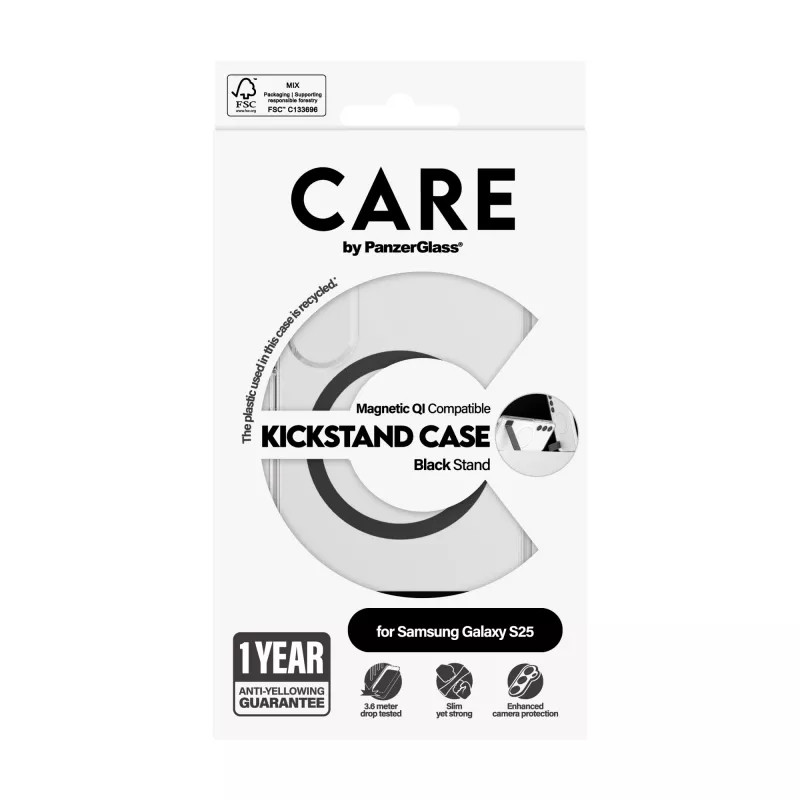 Capa PanzerGlass CARE™ by ® transparente com suporte preto e compatível com Qi Samsung Galaxy S25