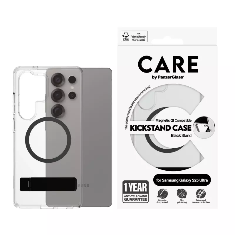 Capa PanzerGlass CARE™ by ® transparente com suporte preto e compatível com Qi Samsung Galaxy S25 Ultra