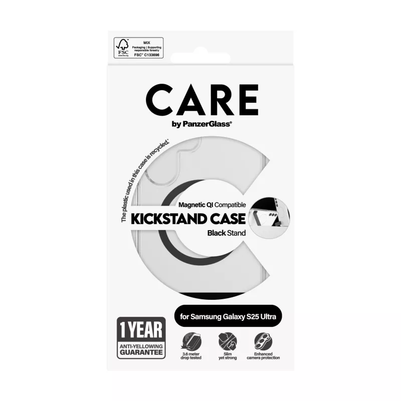 Capa PanzerGlass CARE™ by ® transparente com suporte preto e compatível com Qi Samsung Galaxy S25 Ultra