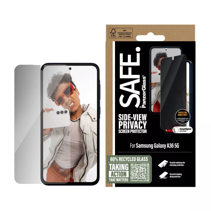 Película de proteção de ecrã com filtro de privacidade PanzerGlass SAFE. by ® Samsung Galaxy A36 5G | Ultra-Wide Fit com EasyAligner
