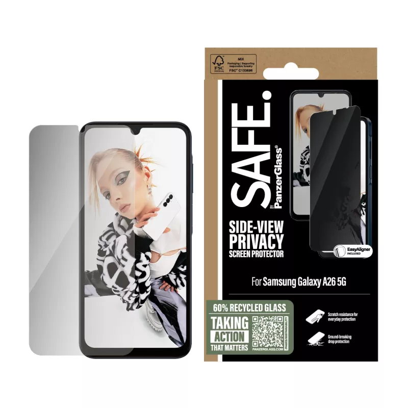 Película de proteção de ecrã com filtro de privacidade PanzerGlass SAFE. by ® Samsung Galaxy A26 5G | Ultra-Wide Fit com EasyAligner