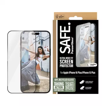 PanzerGlass SAFE. by ® Proteção de ecrã com moldura preta iPhone 16 Plus | 15 Plus | Ultra-Wide Fit