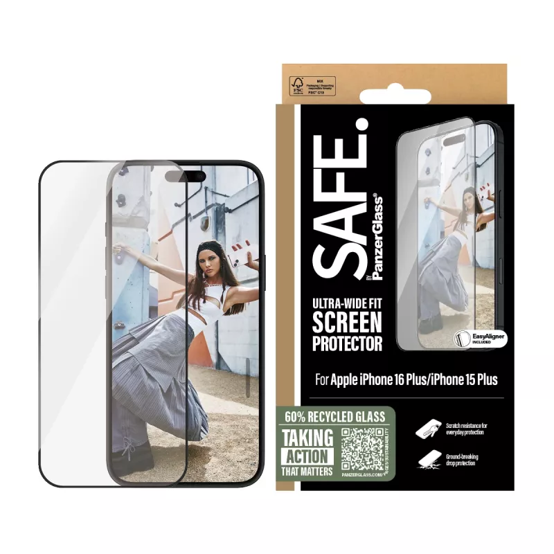PanzerGlass SAFE. by ® Proteção de ecrã com moldura preta iPhone 16 Plus | 15 Plus | Ultra-Wide Fit