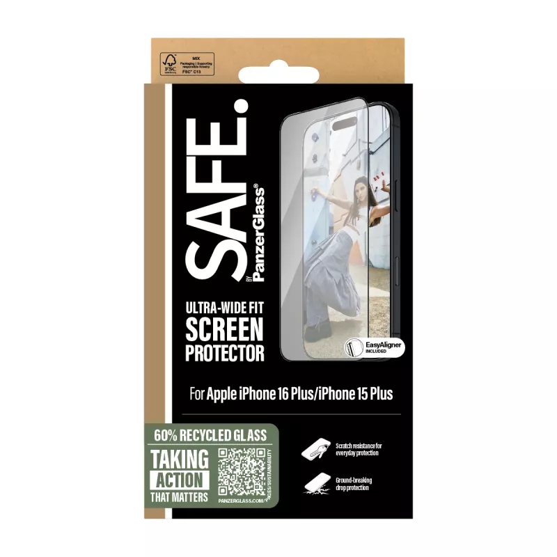 PanzerGlass SAFE. by ® Proteção de ecrã com moldura preta iPhone 16 Plus | 15 Plus | Ultra-Wide Fit