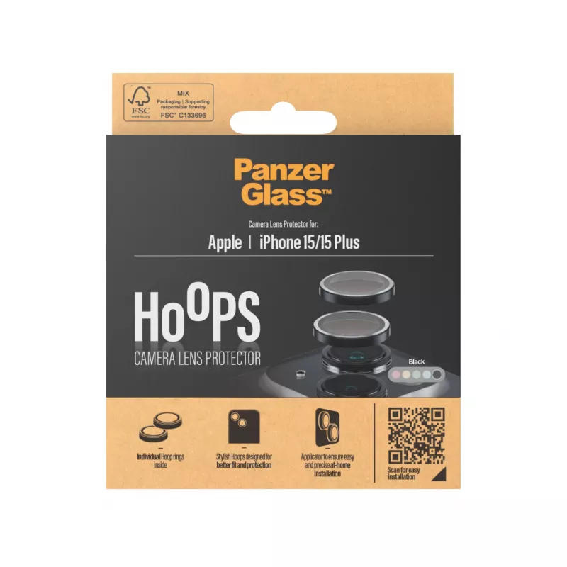 PanzerGlass ® Hoops® Proteção de lente da câmara em vidro preto iPhone 15 | 15 Plus