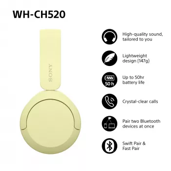Sony WHCH520Y.CE7, sem fios, chamadas/música, 20 - 20000 Hz, 147 g, headset, amarelo