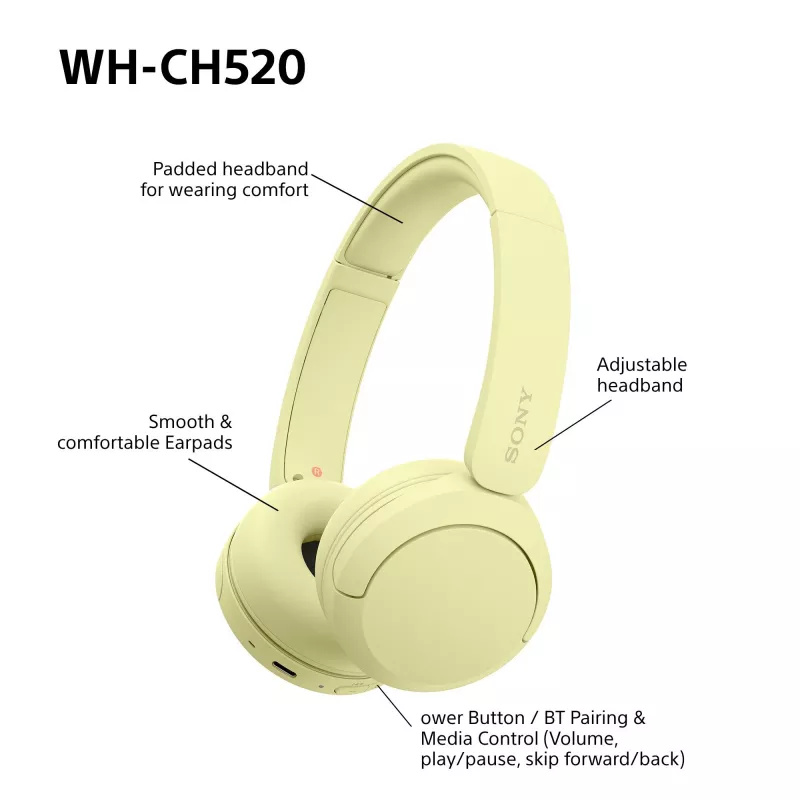 Sony WHCH520Y.CE7, sem fios, chamadas/música, 20 - 20000 Hz, 147 g, headset, amarelo
