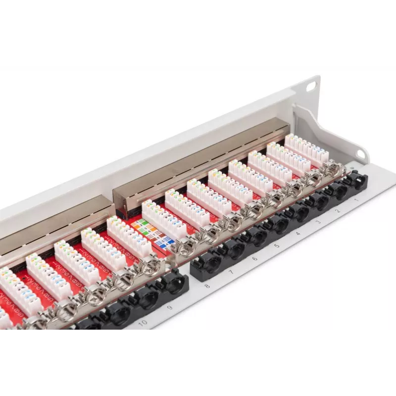 Painel de patch DIGITUS DN-91624S-EA de 19 polegadas, CAT6A classe EA, blindado, 24 portas RJ45, LSA, 1U, cinzento claro RAL 7035