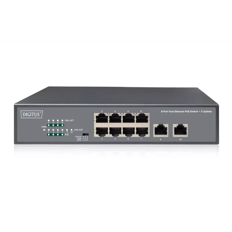 Switch Fast Ethernet PoE af/at DIGITUS 8 portas + 2 uplinks 120W de orçamento PoE, montagem em rack