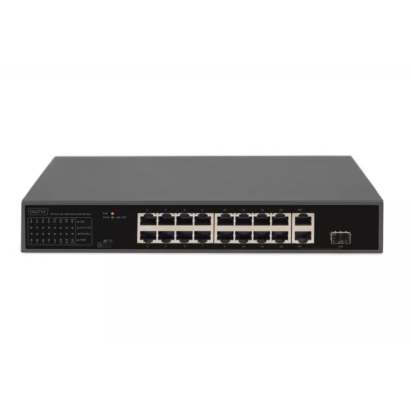 Switch PoE DIGITUS 16 portas 10/100 Mbit/s 16 x portas PoE RJ45 10/100 Mbit/s, 1x GE RJ45, 1x SFP
