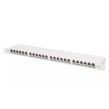 DIGITUS Patch Panel CAT6A EA blindado, 24 portas RJ45 proteção contra pó, 8P8C, 0,5U, cinzento RAL 7035