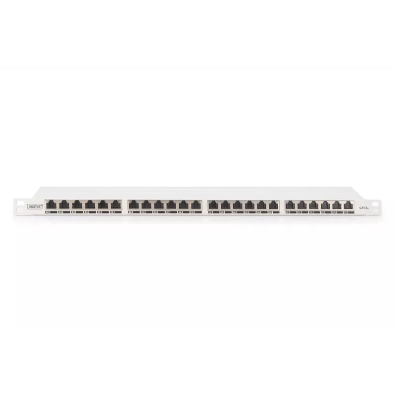 DIGITUS Patch Panel CAT6A EA blindado, 24 portas RJ45 proteção contra pó, 8P8C, 0,5U, cinzento RAL 7035