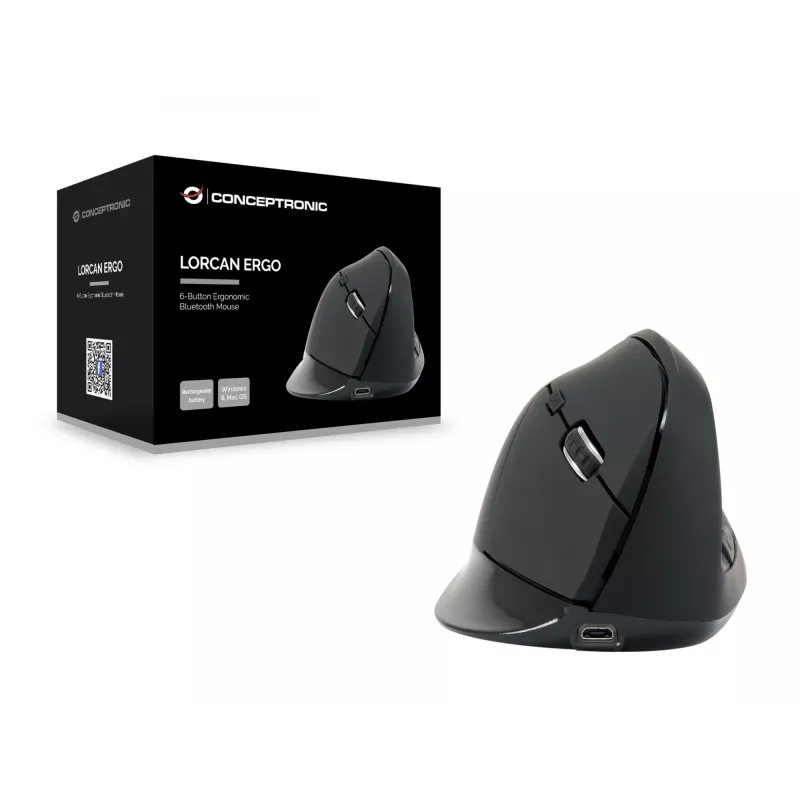 Conceptronic LORCAN ERGO Rato Bluetooth Ergonómico de 6 botões, Para destros, Design vertical, Ótico, Bluetooth, 1600 DPI, Preto
