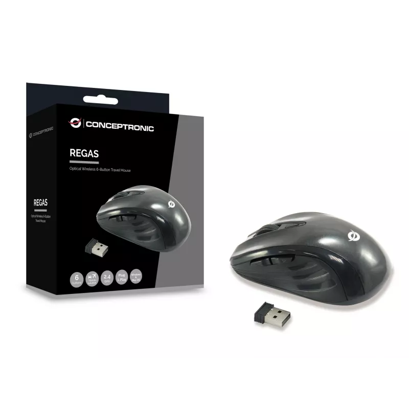 Conceptronic CLLM5BTRVWL Rato de viagem sem fios de 6 botões, para destros, ótico, RF Wireless, 1600 DPI, Preto