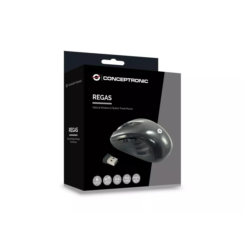 Conceptronic CLLM5BTRVWL Rato de viagem sem fios de 6 botões, para destros, ótico, RF Wireless, 1600 DPI, Preto