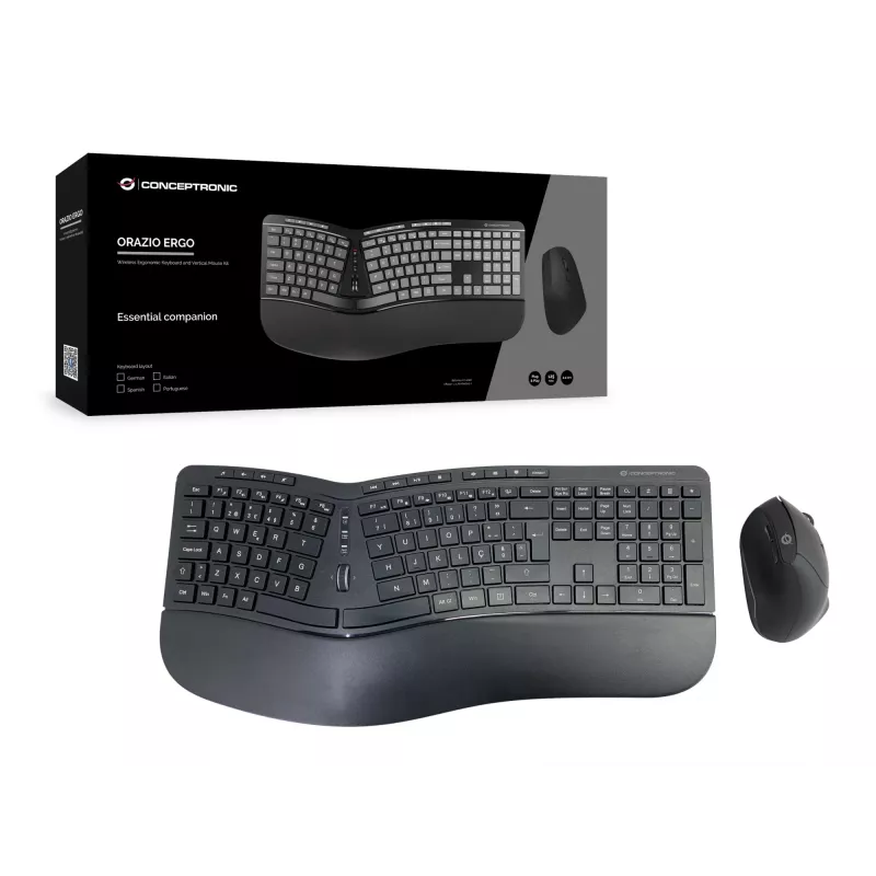 Conceptronic ORAZIO ERGO Conjunto de teclado e rato ergonómico sem fios, layout português