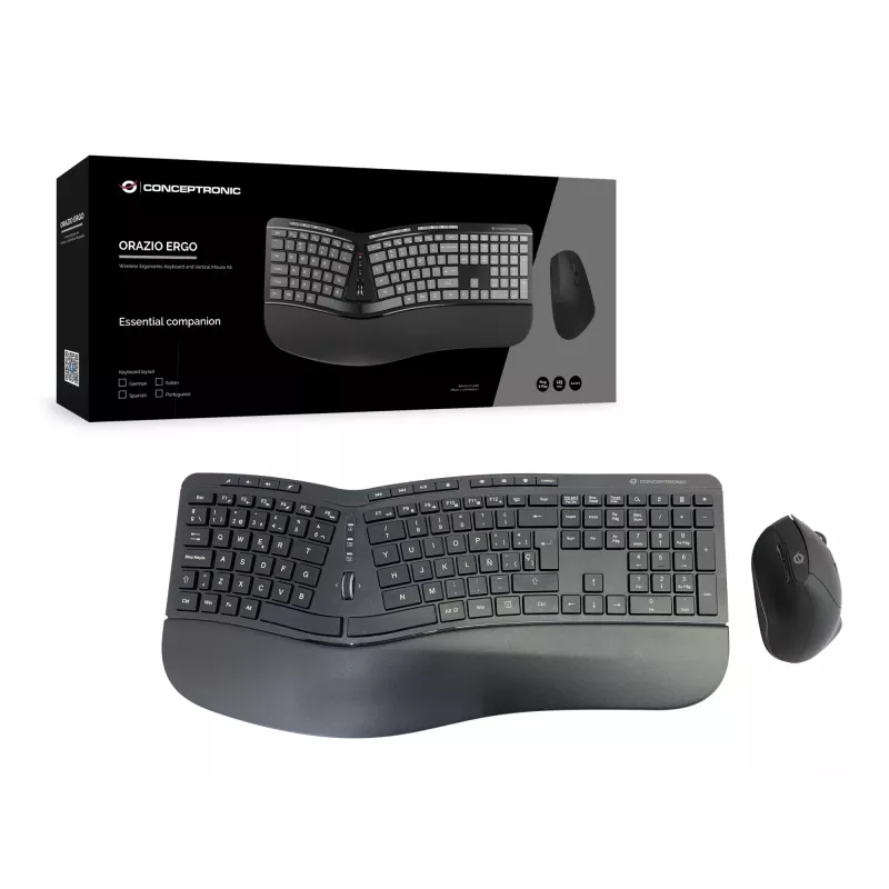 Conceptronic ORAZIO ERGO Conjunto de teclado e rato ergonómico sem fios, layout espanhol