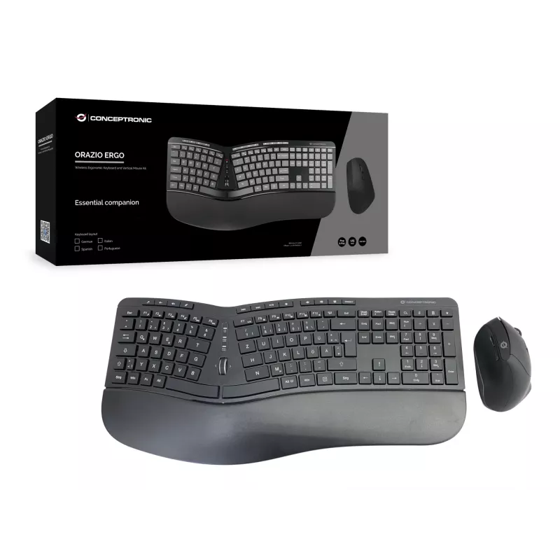 Conceptronic ORAZIO ERGO Conjunto de teclado e rato ergonómico sem fios, layout alemão