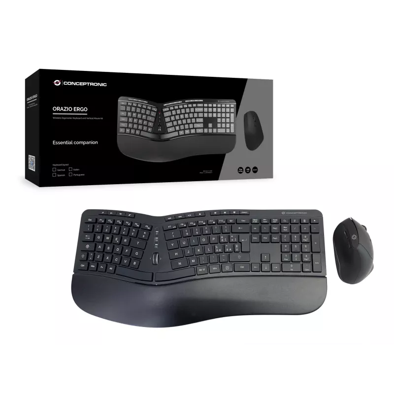Conceptronic ORAZIO ERGO Conjunto de teclado e rato ergonómico sem fios, layout italiano